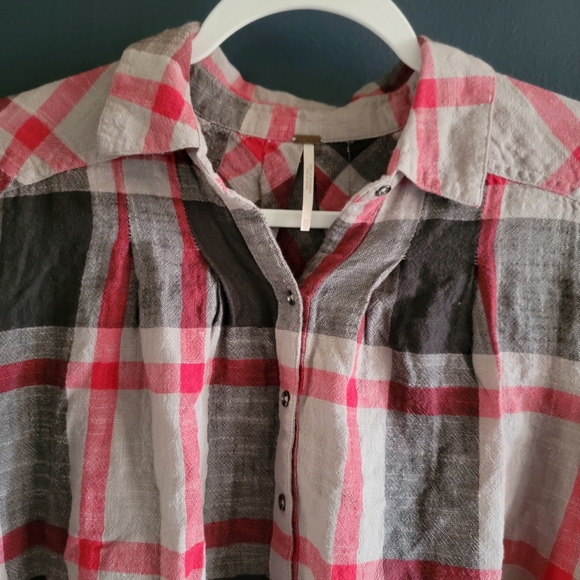 Free People‎ Red Plaid Cotton Collared Long Sleeves Button Down Shirt Medium - Picture 3 of 10